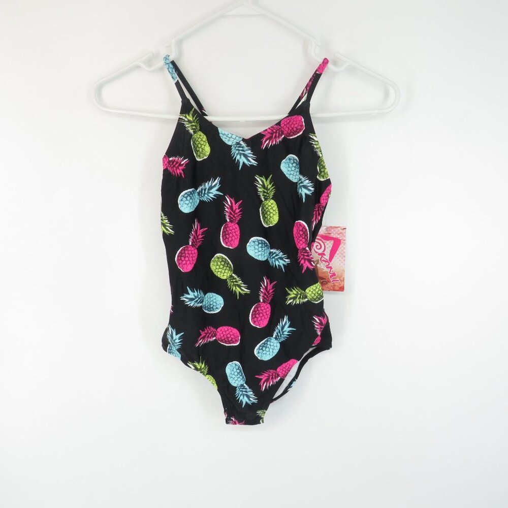 Kanu Surf Girls' Pineapple One Piece Black Swimsuit 12 NWT $33